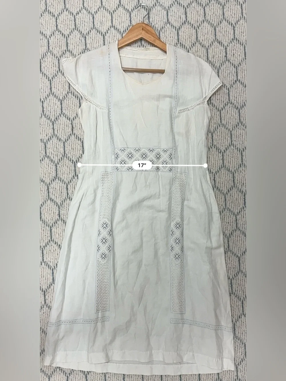 1920’s Antique Hand Embroidered Linen Chevron Lace Cottagecore Cream Lawn Dress - Picture 15 of 16
